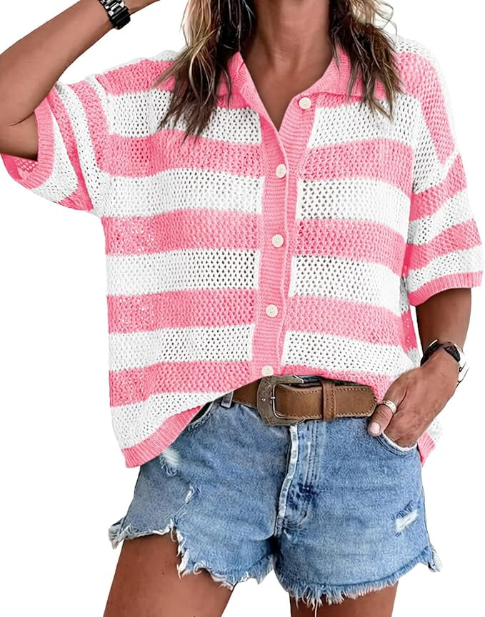Cicy Bell Womens Summer Striped Crochet Cardigan Sweater Half Sleeve Button up Tops Loose Fit Cov... | Amazon (US)