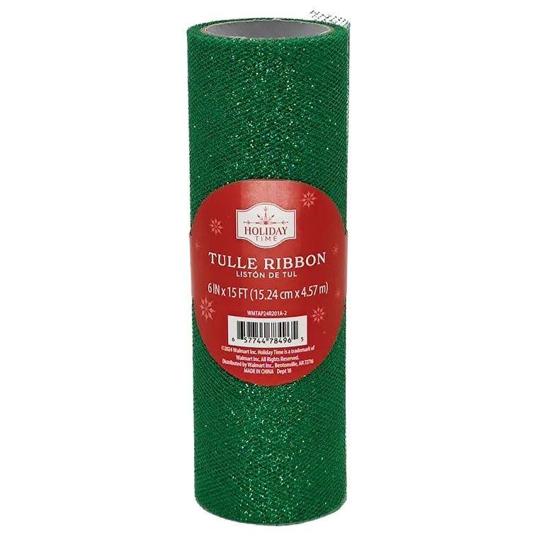 Green Glitter Tulle Christmas Gift Wrap Ribbon, 6 in x 9 ft, by Holiday Time | Walmart (US)