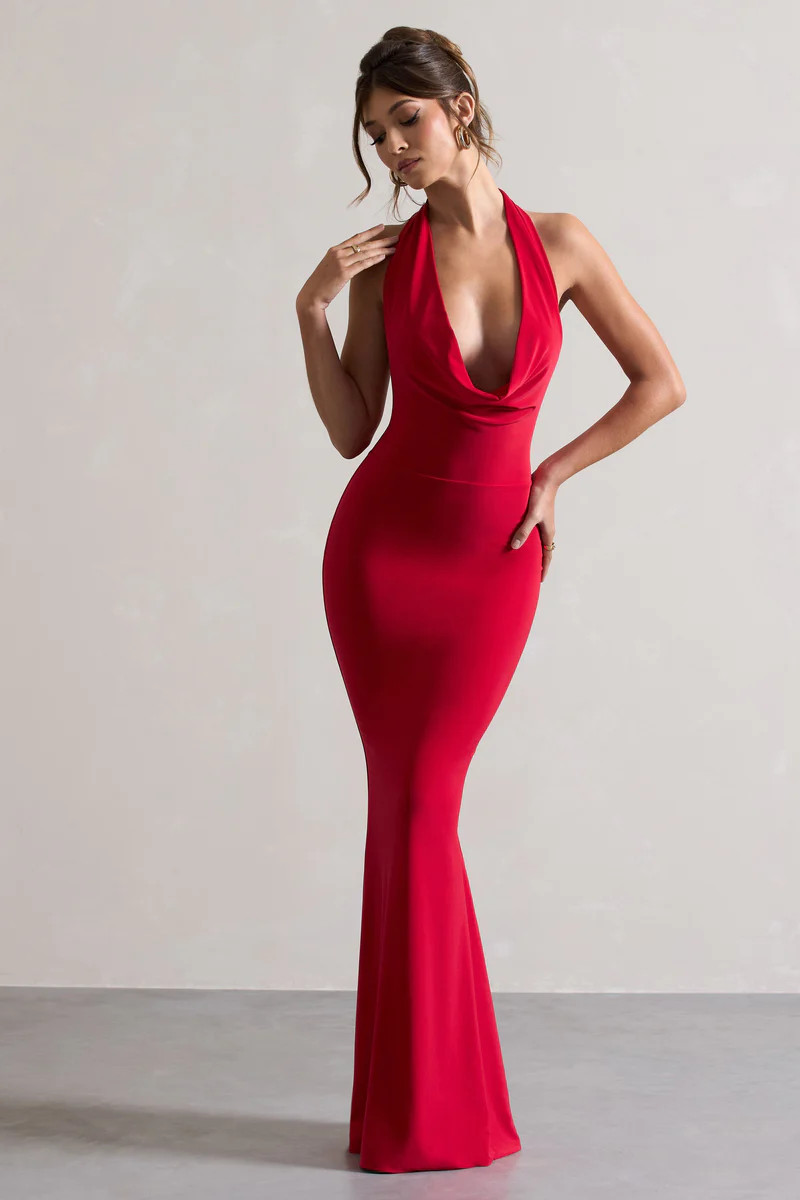 Milani  Red Backless Cowl Neck Fishtail Maxi Dress | Club L London