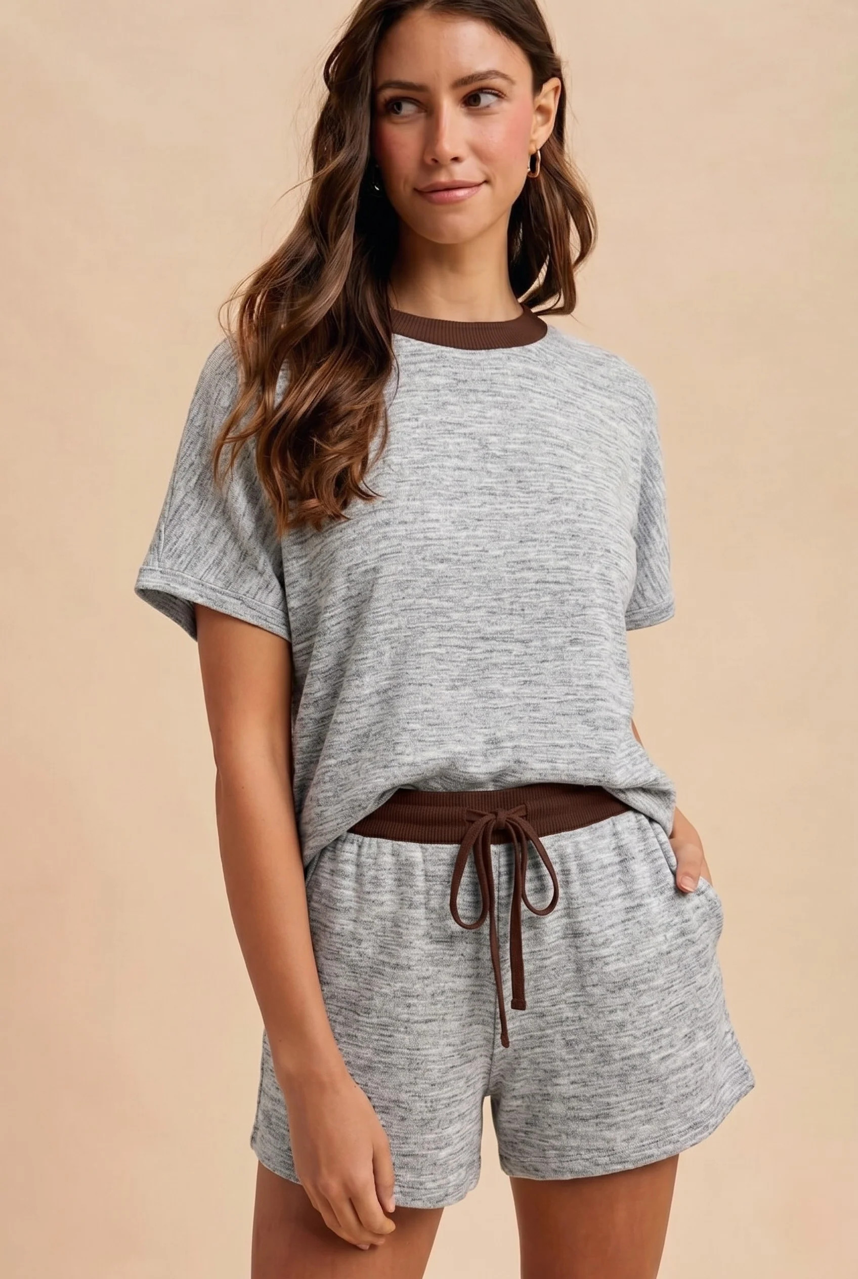 Light Grey Melange Knit Short Sleeve Top Shorts Set | PinkBlush Maternity