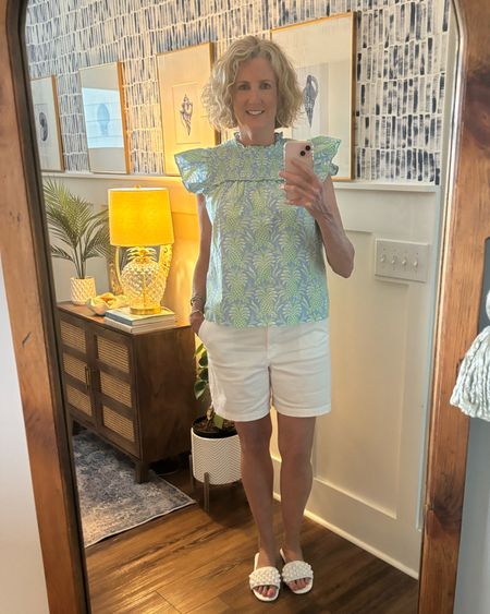 This cotton ruffle top has a Lilly-esq look and is slightly cropped. It’s a medium and a little snug under the arms but I’m keeping it. I went up a size in the shorts because they’re white but I could’ve worn my regular size

#LTKOver40 #LTKSeasonal