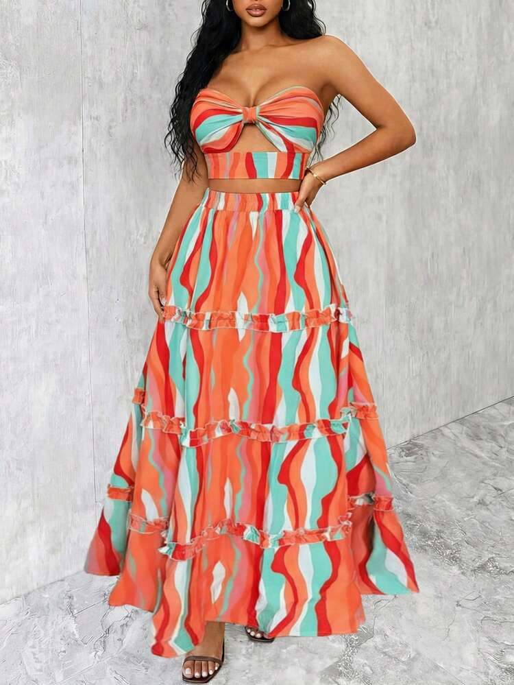 Eryvara Vacation Casual Colorful Print Hollow Lace-Up Backless Cropped Tube Top & Mini Skirt Set | SHEIN