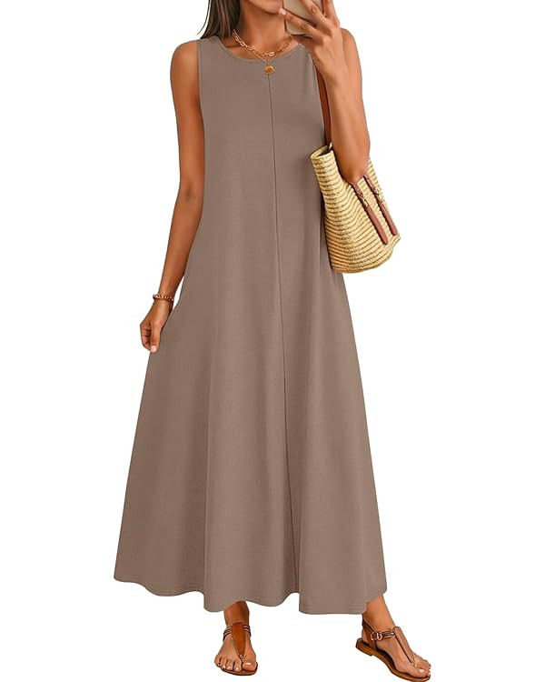 MEROKEETY Women's 2026 Summer Maxi Dress Sleeveless Crewneck Casual Loose Beach Vacation Basic Lo... | Amazon (US)