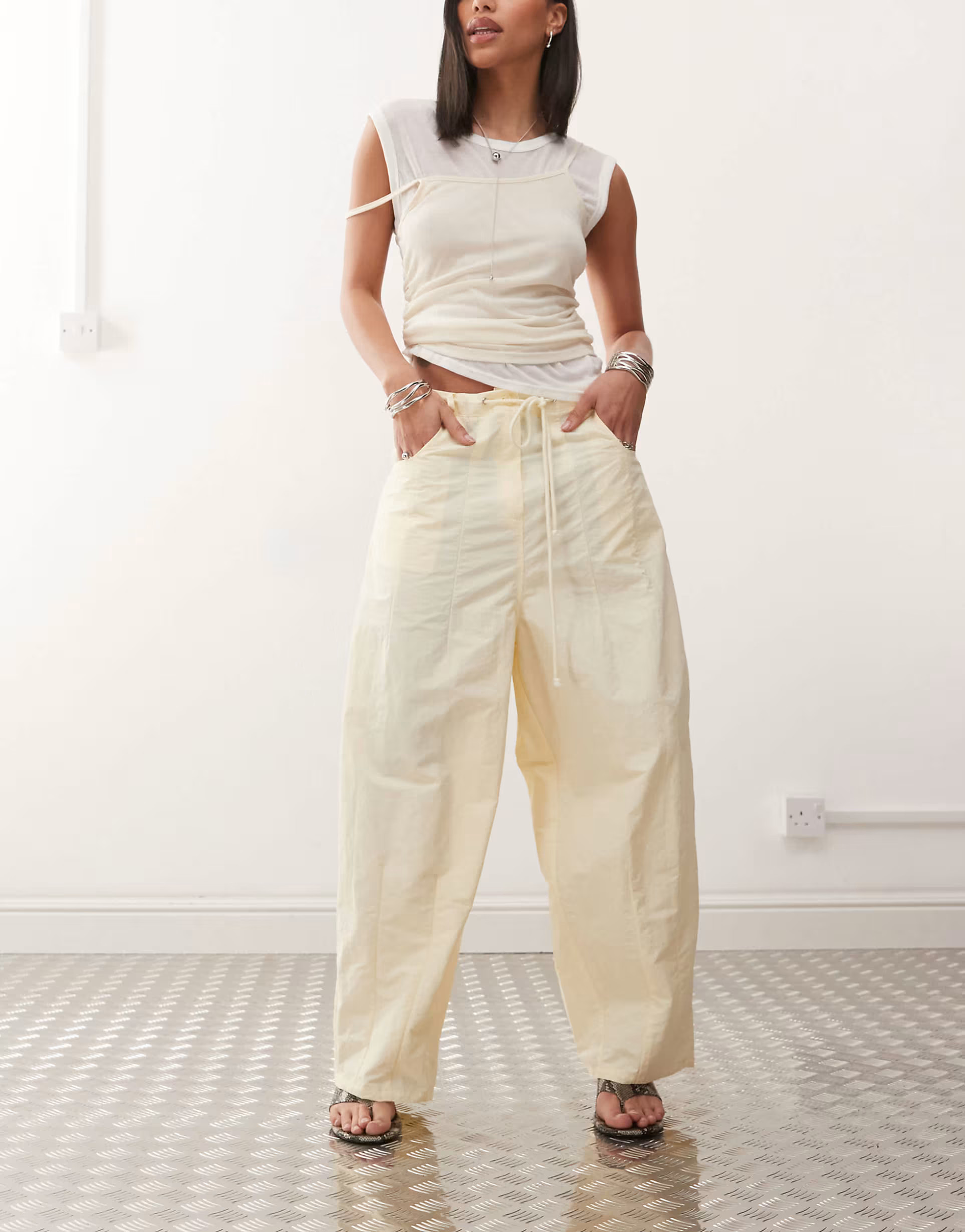 Lioness tie waist baggy wide leg parachute trousers in buttercream | ASOS (Global)