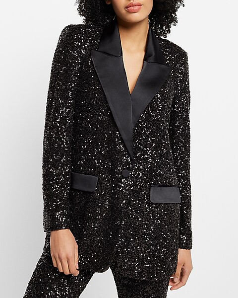 Sequin Peak Lapel Boyfriend Tuxedo Blazer | Express