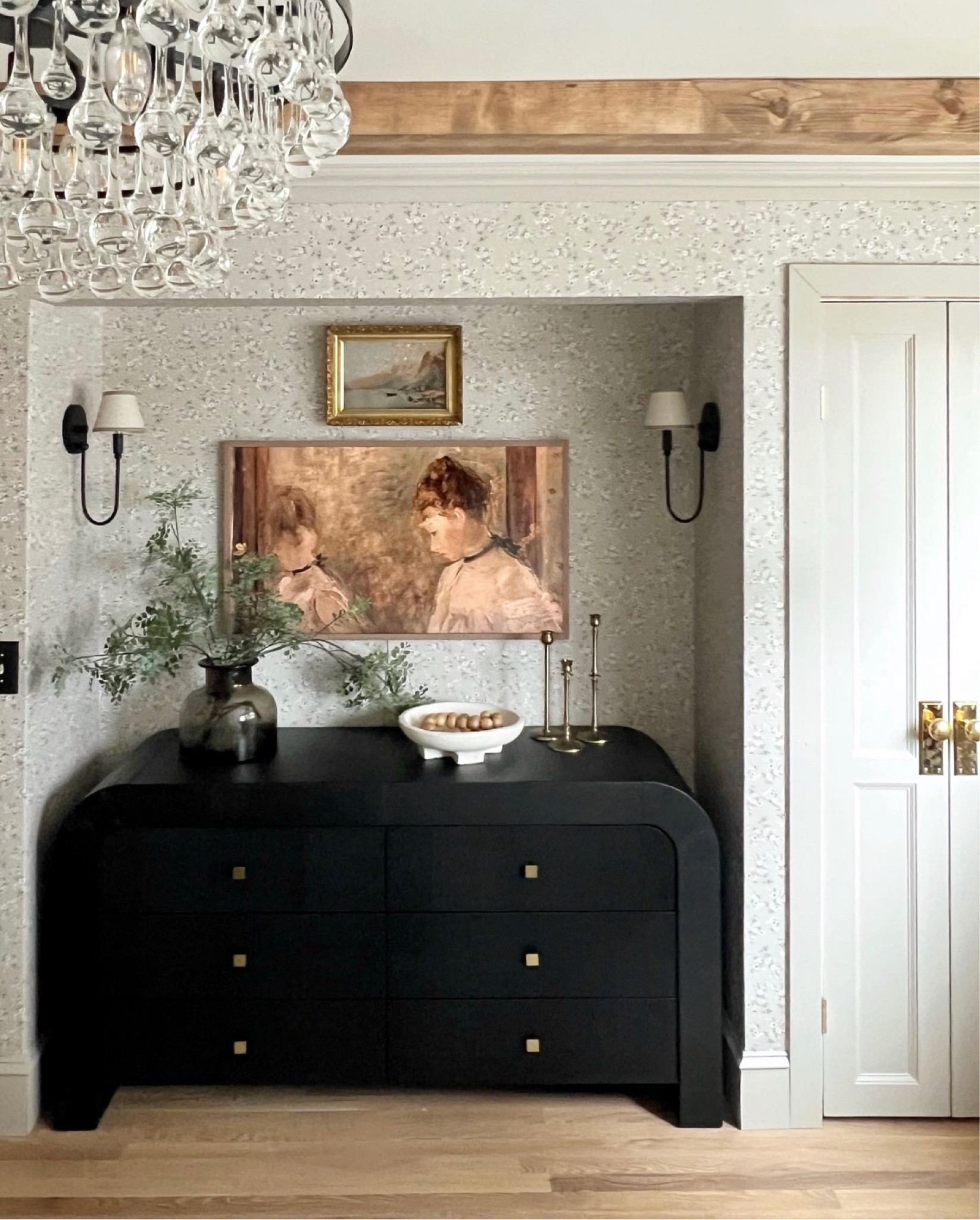 Shop this view. Smoke glass vase and footed white bowl are no longer available so I sourced dupes. Gold framed art vintage, found great alternative 

#LTKhome