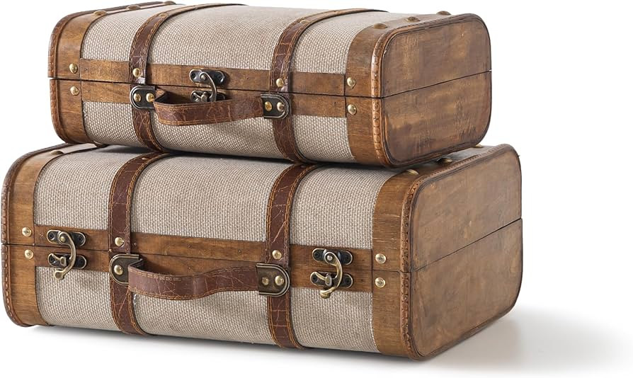 Soul & Lane Vintage Linen-Covered Wooden Suitcase Trunks - Set of 2, Elegant Beige Storage Chests... | Amazon (US)