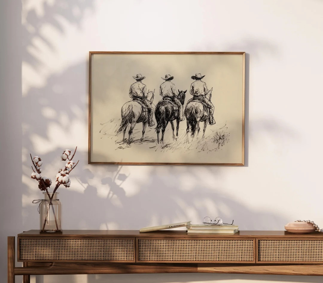 Vintage Western Wall Art, Cowboy Sketch Print, Horses Drawing, American Cowboy Poster, Digital Do... | Etsy (US)