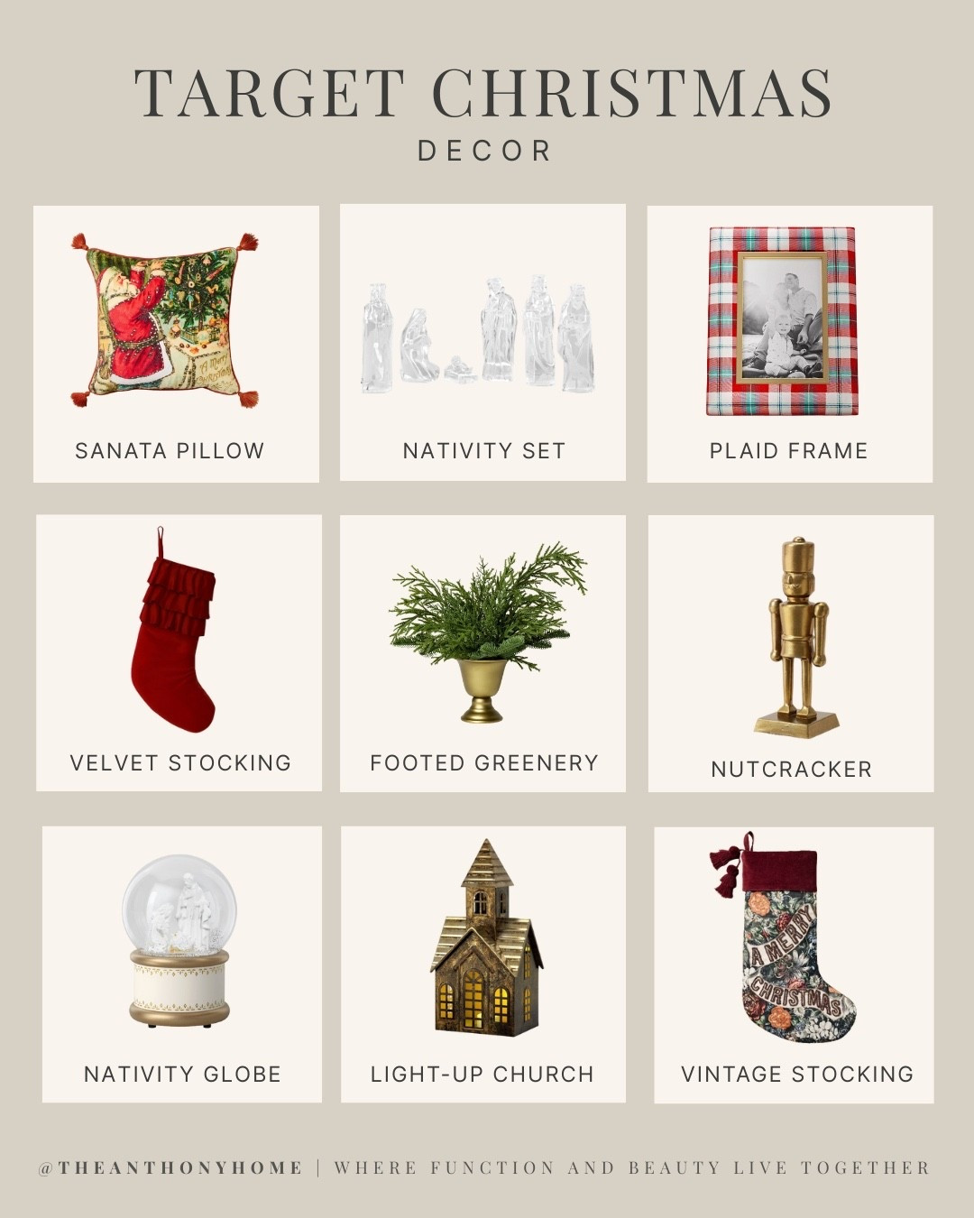 TARGET CHRISTMAS: COZY DECOR 🏠✨

A few pieces that warm up the room without clutter.

Top picks:
• Santa pillow (storybook vibe on the sofa)
• Clear nativity set (light catches beautifully)
• Plaid frame (grandparents’ photo—instant heart)
• Velvet stocking (ruffle cuff = dressy)
• Footed greenery (tabletop moment)
• Brass nutcracker (entry table moment)
• Nativity snow globe (kids love)
• Light-up church (soft glow at night)
• Vintage mini stocking ornament (layer on hooks)

Styling: One “moment” per surface—pillow, frame, or figurine.

Tap to shop the grid. 

#TargetStyle #ChristmasDecor #TheAnthonyHome


#LTKHoliday #LTKSeasonal #LTKHome