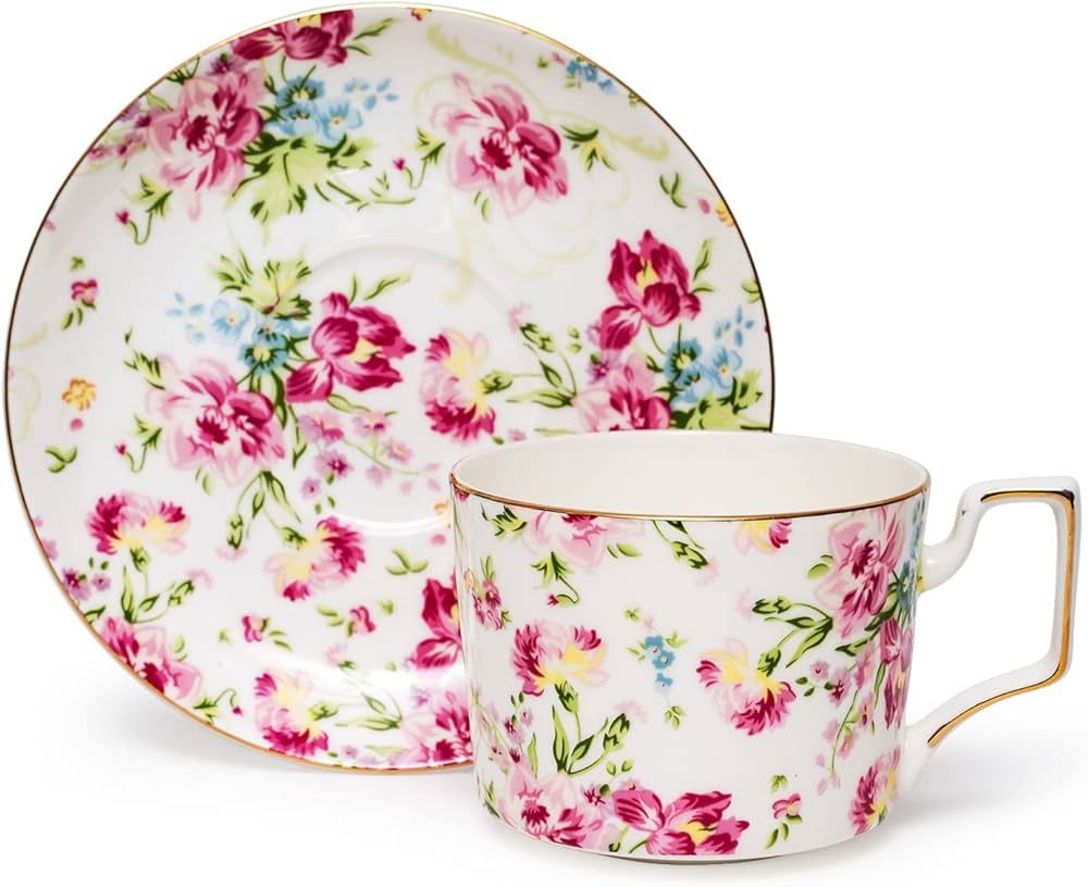 Bone China Tea Cups and Saucers Set Fine China Teacups Floral Tea Cups Porcelain Coffee Cup Set f... | Amazon (US)
