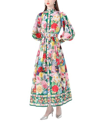 Puff Sleeve Dress for Women Party Floral with Slit Buttons Flowy Maxi Dresses with Belt（L,Green） | Amazon (US)