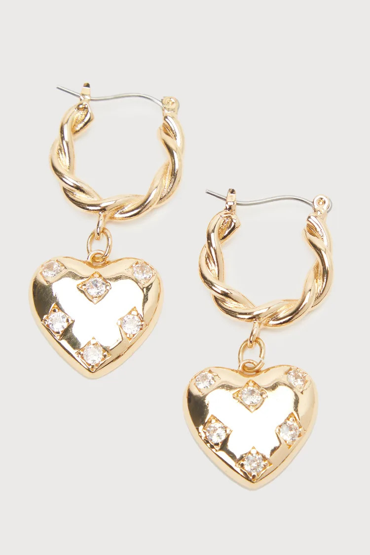 Iconic Infatuation Gold Heart Rhinestone Huggie Hoop Earrings | Lulus