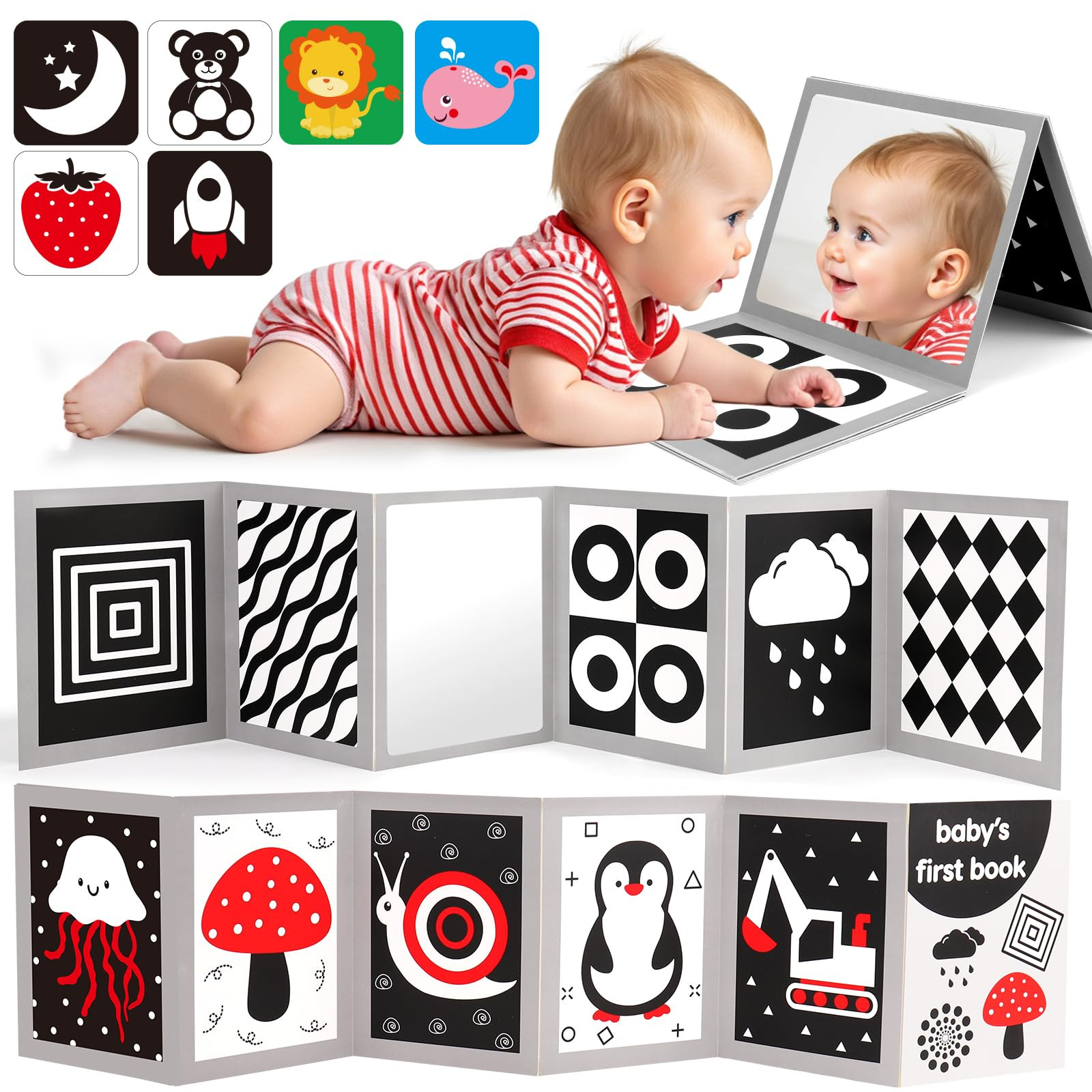 Black and White High Contrast Baby Books Flash Cards Tummy Time Mirror Toys Newborn Toys 0 6 Mont... | Amazon (US)