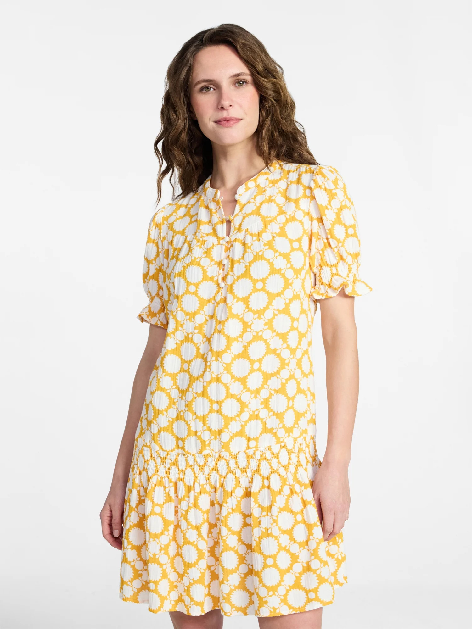 Time and Tru Women's Cotton Double Cloth Drop Waist Mini Dress with Puff Sleeves, Sizes XS-XXXL | Walmart (US)