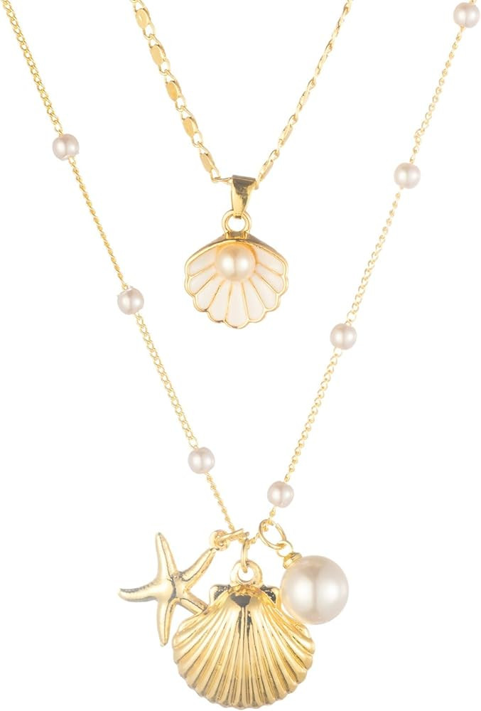 Shell Necklaces for Women 14k Gold Plated Layered Starfish Conch SeaShell Pearl Pendant Charm Nec... | Amazon (US)