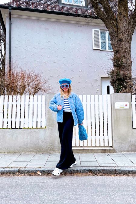 Blue Stripes. Fashion Blogger Girl by Style Blog Heartfelt Hunt. Girl with blond hair wearing a sweater with blue stripes, blue quilted jacket, blue beret, blue oversized sunglasses, maxi skirt, blue statement bag and New Balance sneakers. #colorfuloutfit #colorfulstyle #colorfulfashion #colorfullooks #fashionfun #cutespringoutfit #springfashion2023 #springlookbook #fitcheck #dailylooks #dailylookbook #contentcreator #microinfluencer #discoverunder20k