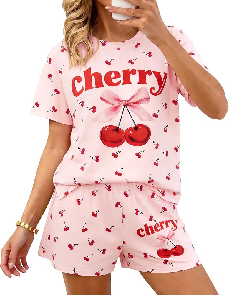 MNLYBABY Womens 2 Piece Sets Cute Cherry Summer Outfits Crew Neck Short Sleeve Tee Top Shorts Two... | Amazon (US)