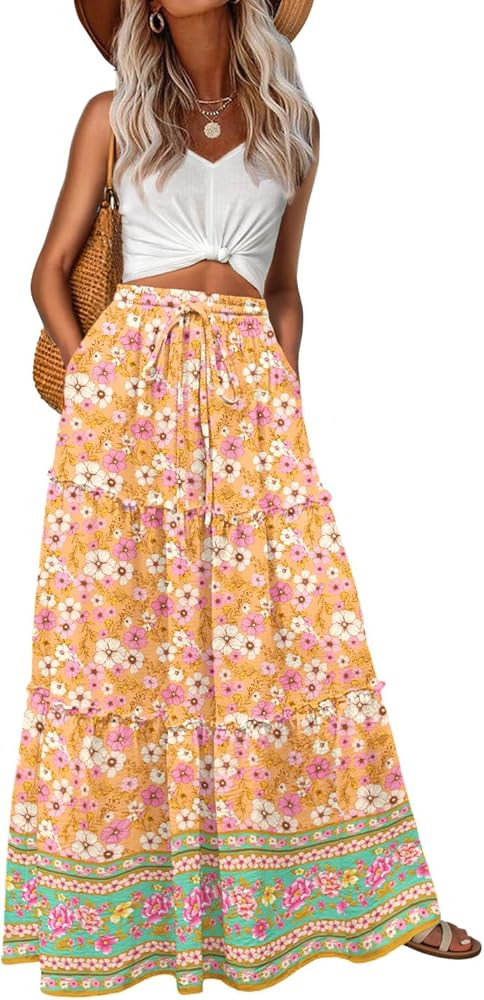 Lepunuo Womens Casual Boho High Waisted Flowy Maxi Skirts Trendy Floral Cute Long Skirts with Poc... | Amazon (US)