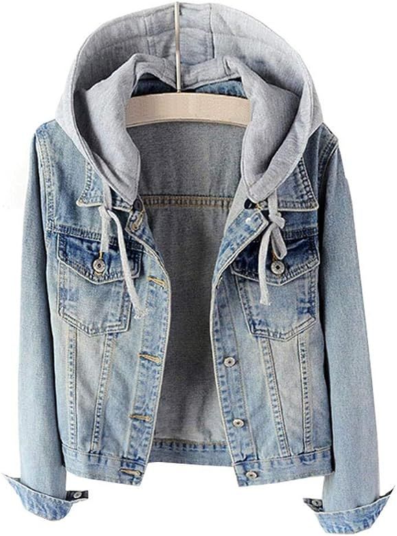LifeShe Women's Casual Detachable Hoodie Denim Jacket (Light Blue, XS) at Amazon Women's Coats Shop | Amazon (US)