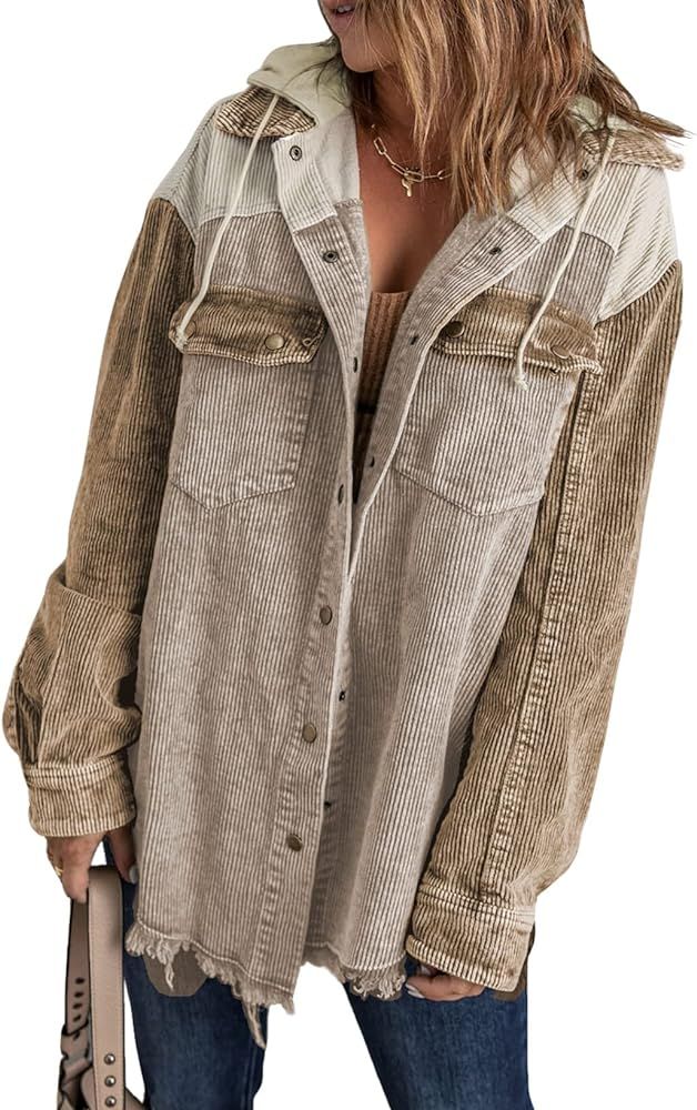 Sidefeel Women Corduroy Hooded Colorblock Long Sleeve Jacket Raw Hem Coat Outwear | Amazon (US)