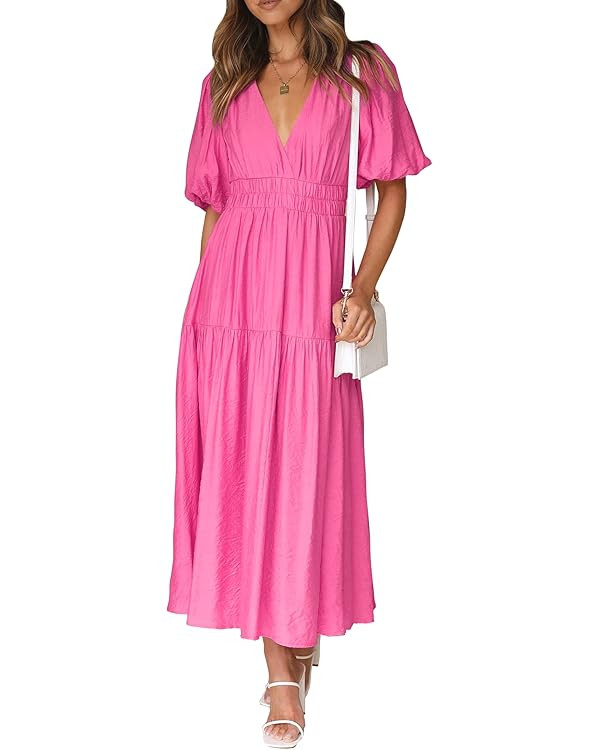 Lucrosun Women's Summer V Neck Short Puff Sleeve A Line Tiered Midi Dress | Amazon (US)