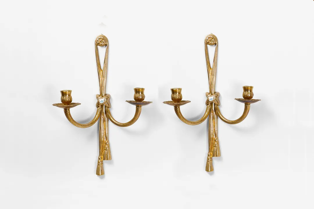 Pair of Solid Brass Tassels & Rope Louis XVI Wall Candelabra | Vintage Golden Hollywood Regency W... | Etsy (US)