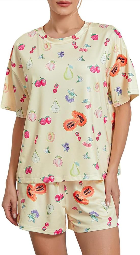 Women's 2 Piece Fruit Pajama Set Short Cute Pjs Floral Comfy Preppy Pjs Coquette Pajamas Crew Nec... | Amazon (US)