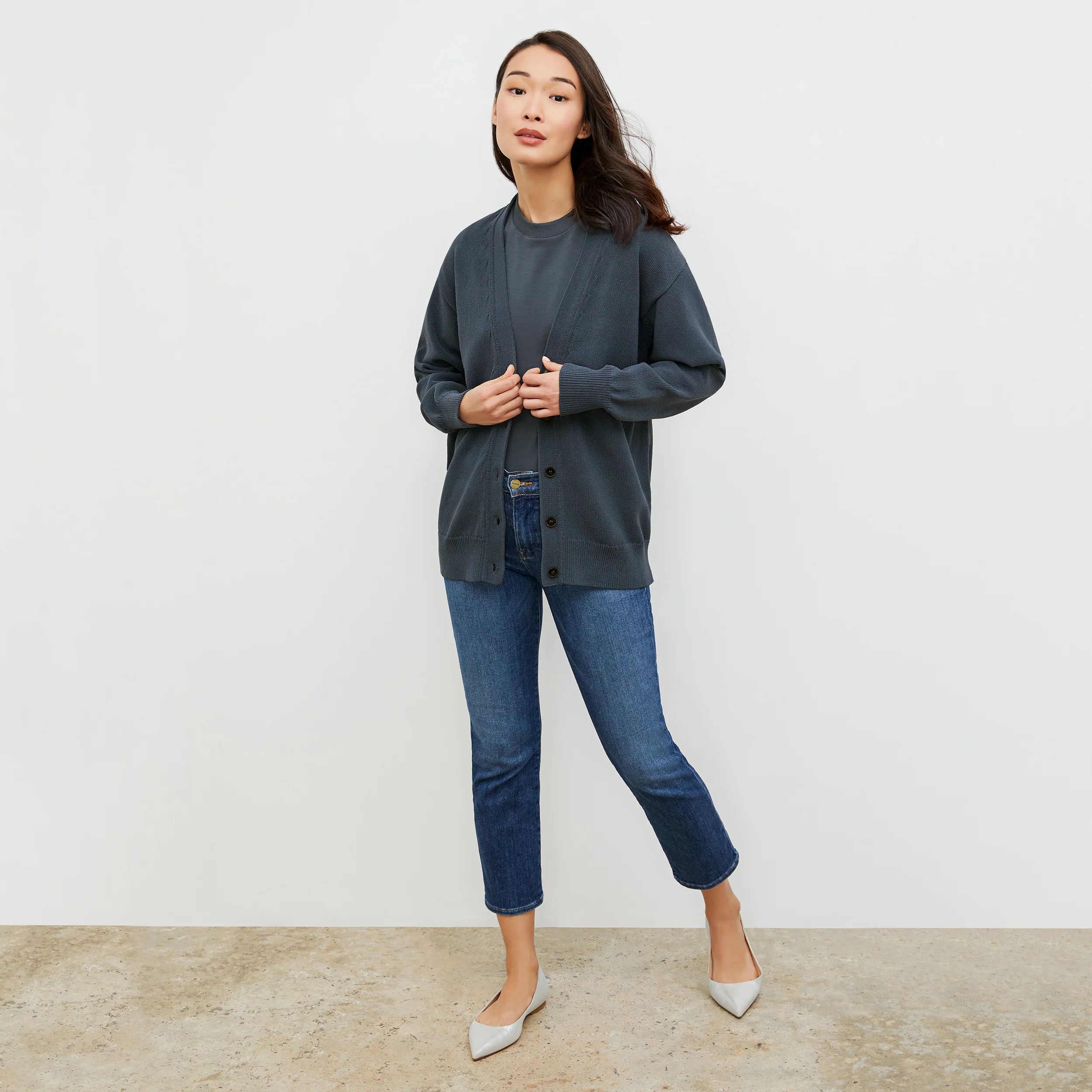 Cookie Cardigan - Sleek Cotton :: Dusty Indigo | MM LaFleur