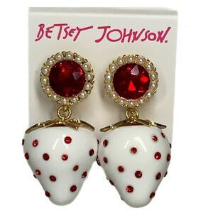 NEW Betsey Johnson White Strawberry w/ Red Rhinestone Dangle Earrings Gold Tone | Poshmark