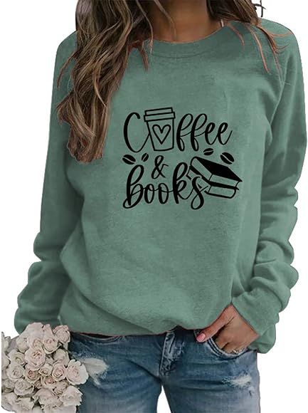 Womens Lightweight Pullovers Tops Coffee And Books Reading Graphic Shirt Loose Long Sleeve Crew N... | Amazon (US)