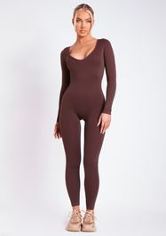 Eli Chocolate Plunge Ribbed Seamless Long Sleeve Jumpsuit | Women's Jumpsuits | MissyEmpire | Mis... | Missy Empire (UK)