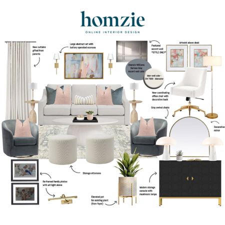 We loved designing this modern glam pastel living room for our virtual interior design client. This space features grey velvet swivel chairs, a white sofa with reversible cushions, a round acacia wood coffee table, and large abstract artwork. 

Work 1:1 with a Homzie virtual interior designer for a low flat-rate and receive a custom, shoppable decorating plan! - all online.  Get started homziedesigns.com/work-with-us 
 

#LTKFindsUnder100 #LTKHome #LTKSaleAlert