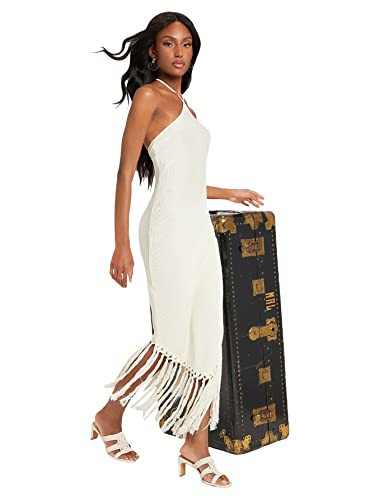 Floerns Women's Asymmetrical Fringe Hem Sleeveless Party Bodycon Long Dress Beige L | Amazon (US)