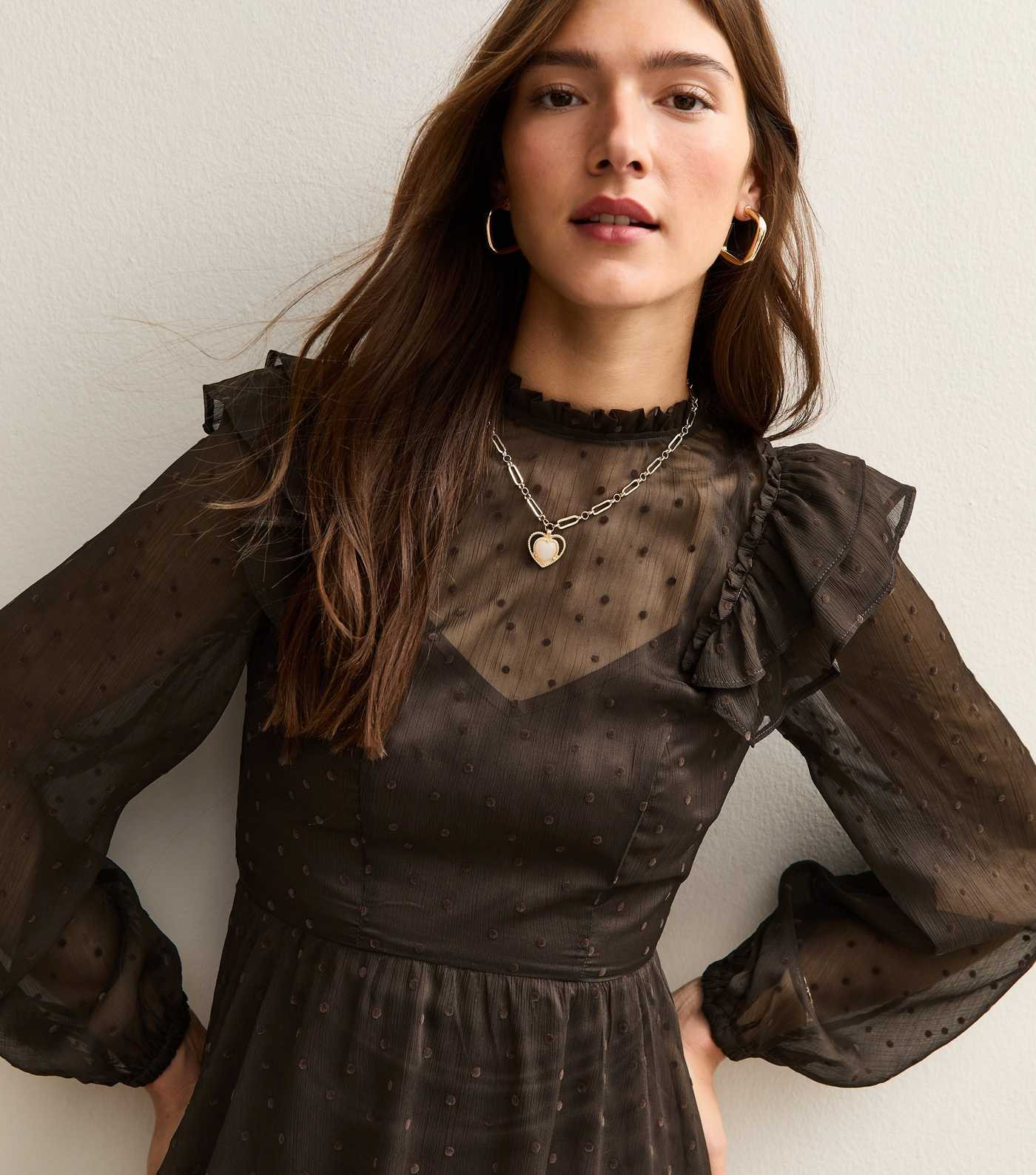 Brown Flocked Polka Dot Ruffled Mini Dress | New Look | New Look (UK)