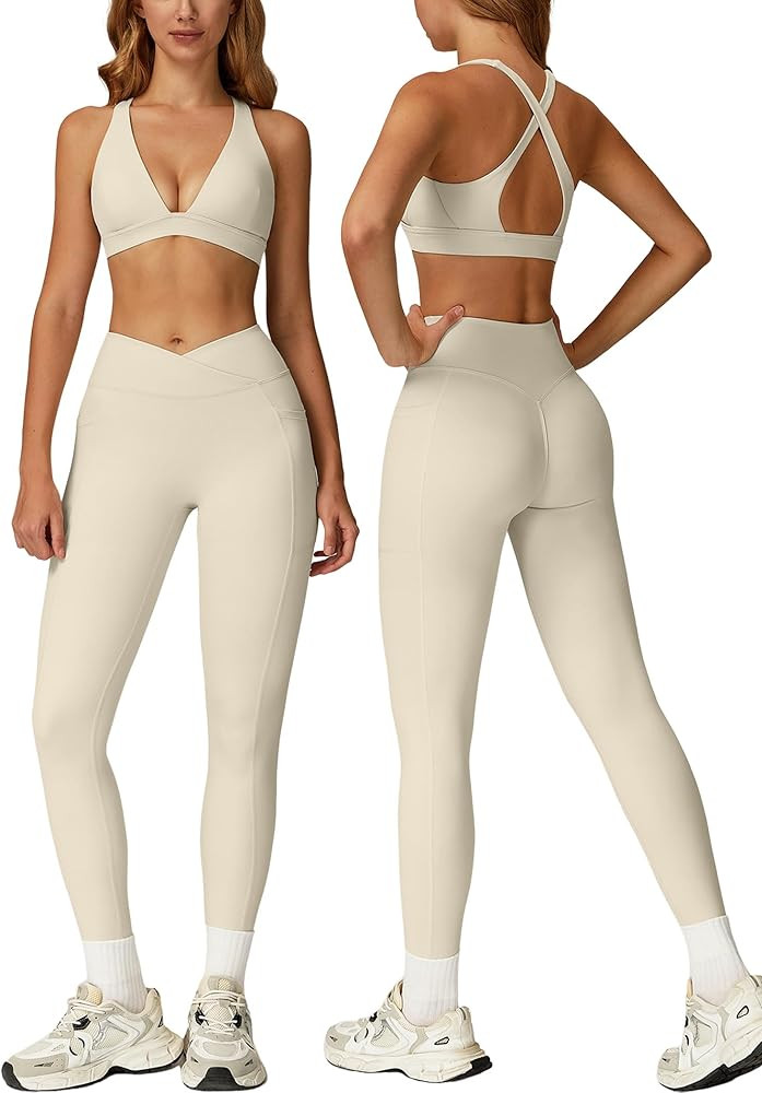 ABOCIW Womens Two Piece Workout Sets Deep V Neck Sports Bra Crossover Leggings with Pockets Gym Y... | Amazon (US)
