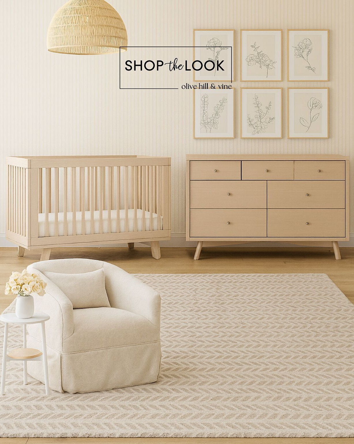 Soft neutrals meet natural textures in this serene nursery. The 3-in-1 convertible crib, botanical art, and woven rattan pendant light bring warmth and simplicity together—proof that minimal can still feel wonderfully inviting. 

 

#LTKHome #LTKBaby #LTKBump