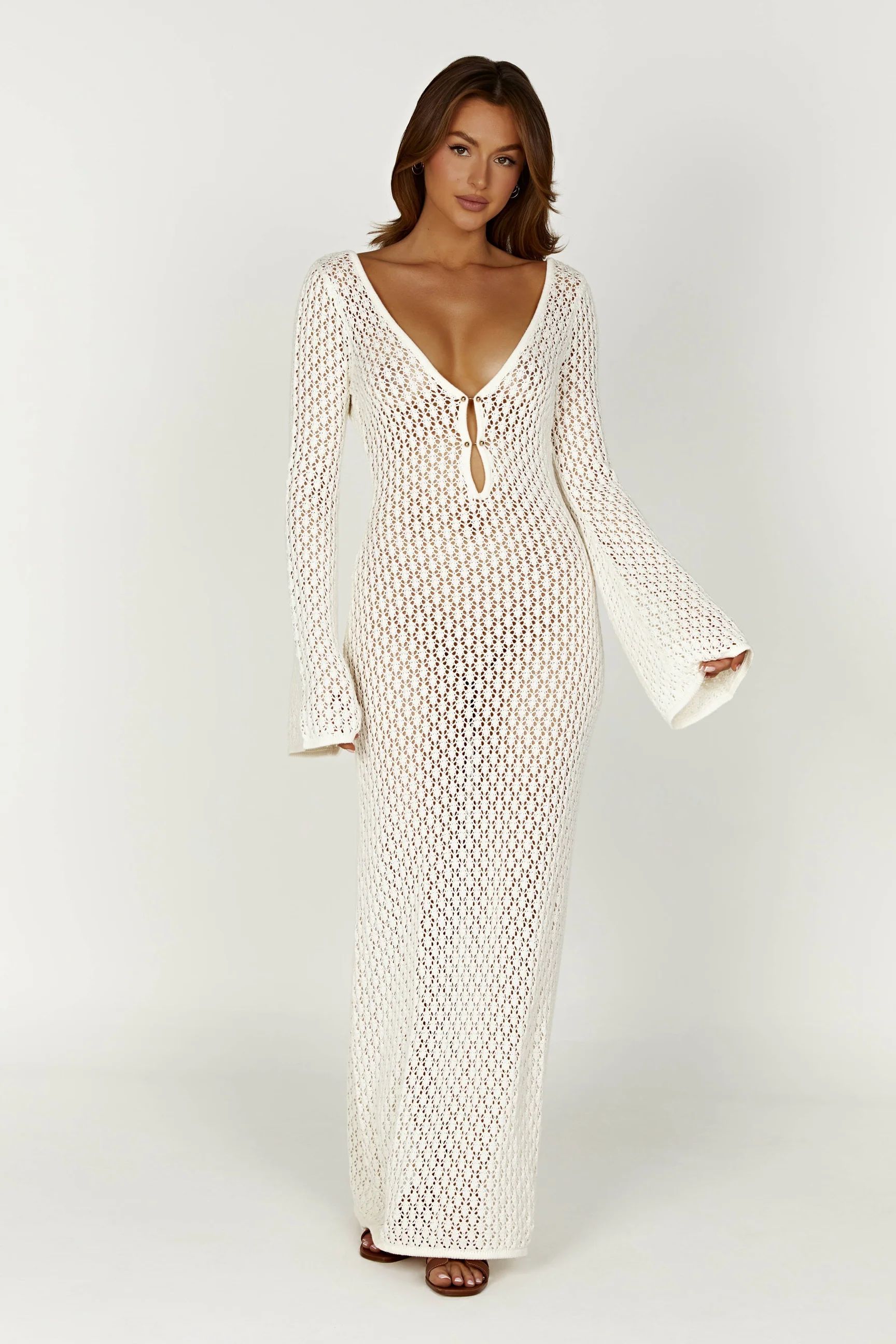 Kayleigh Crochet Fishtail Flare Sleeve Dress - White | MESHKI US