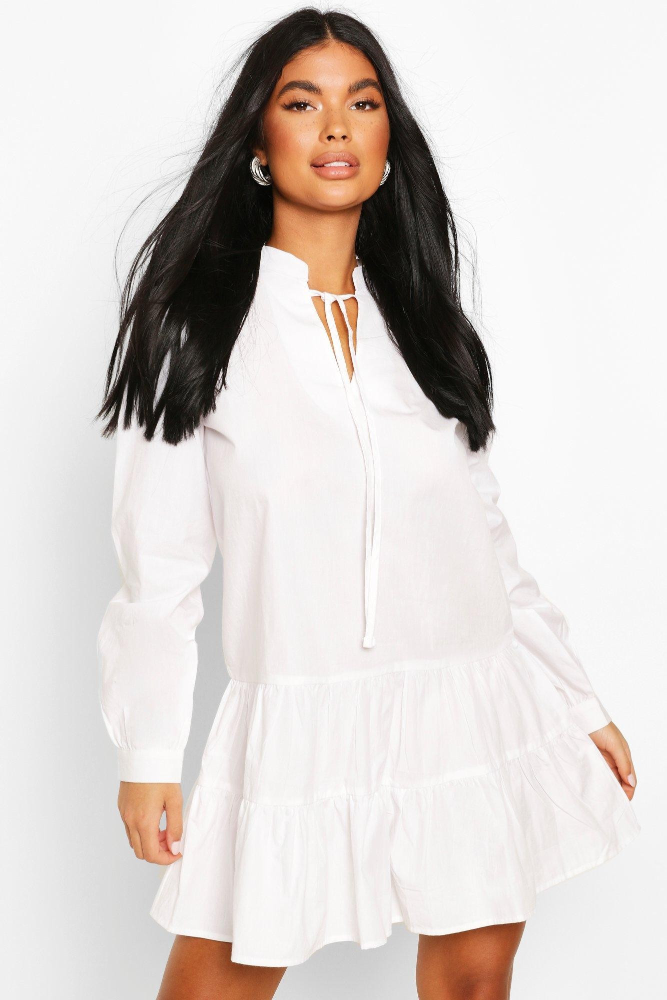 Womens Petite Long Sleeve Smock Dress - White - 2 | Boohoo.com (US & CA)