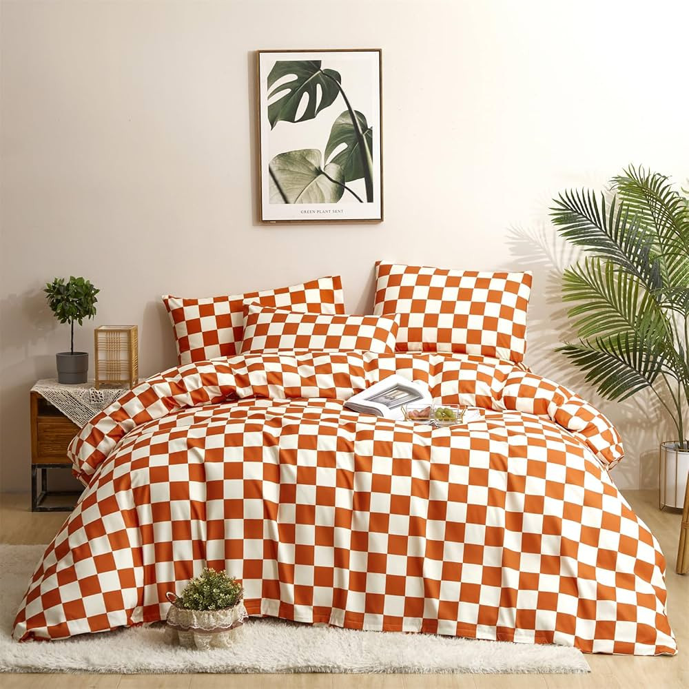 CLOTHKNOW Rust Beige Plaid Full Size Comforter Sets 3Pcs Grid Bedding Comforter Sets Terracotta C... | Amazon (US)