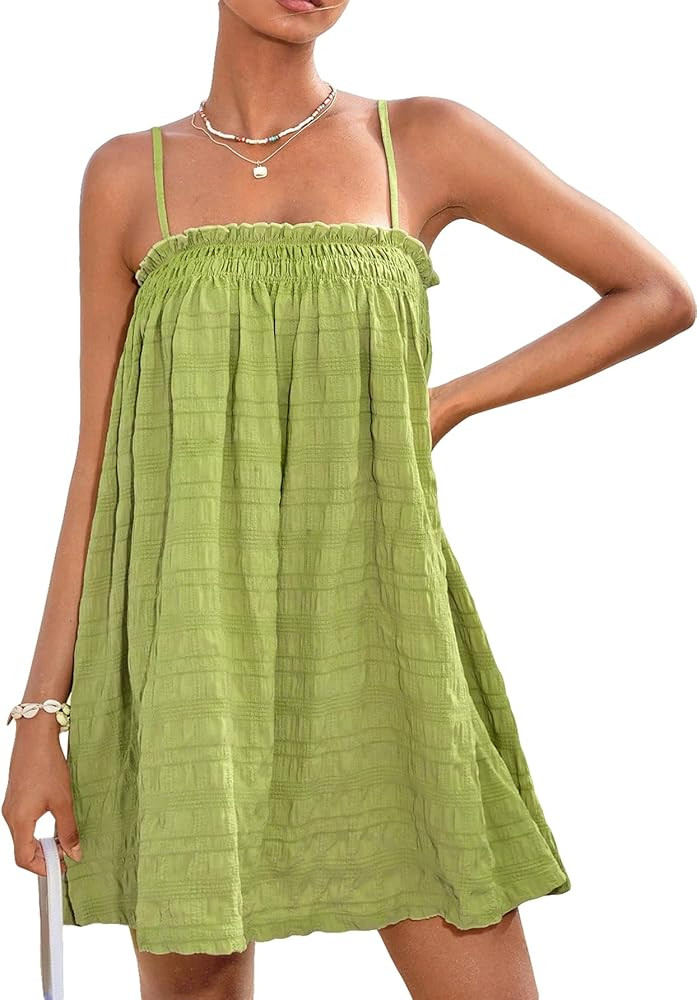 MakeMeChic Women's Casual Sleeveless Summer Cami Dress Ruffle Swing Shirred Mini Short Dress | Amazon (US)