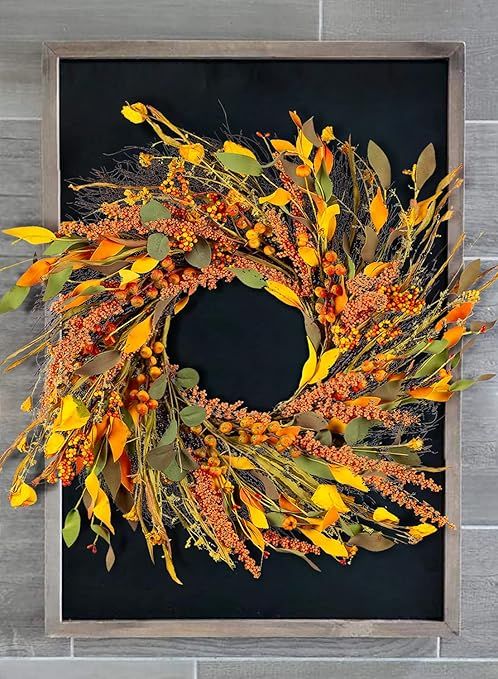 WANNA-CUL 22 inch Fall Wreath Decor for Front Door with Hawthorn ,Small Pumpkin,Grain,Lantern Fru... | Amazon (US)