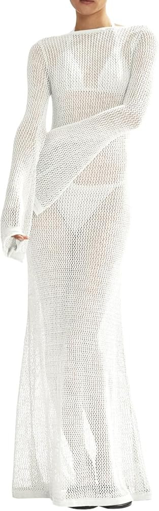Saodimallsu Womens Crochet Cover Ups Long Sleeve Sexy Mesh Backless Knit Swimsuit Coverup Beach M... | Amazon (US)