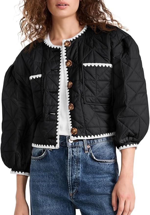 Tankaneo Womens Cropped Quilted Jacket Winter Lightweight Puff 3/4 Sleeve Button Down Contrast Tr... | Amazon (US)