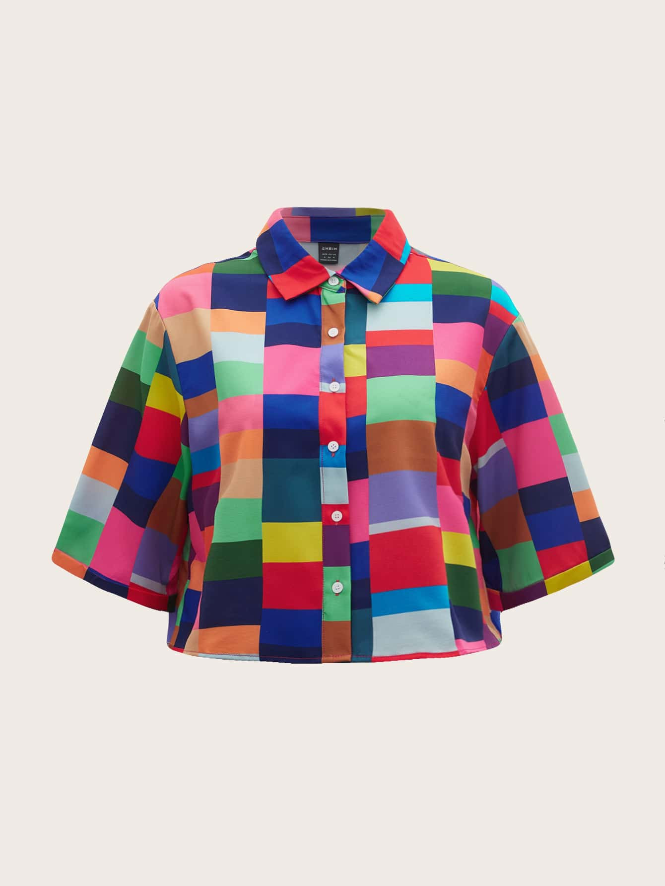 SHEIN EZwear Colorblock Plaid Drop Shoulder Crop Shirt | SHEIN