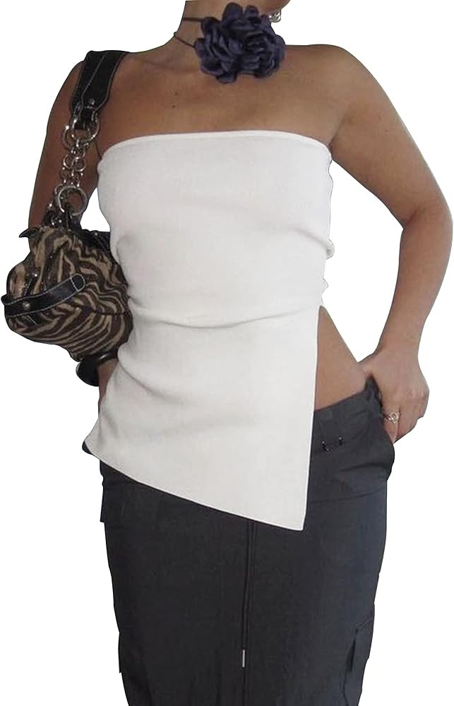 Women Strapless Knit Bandeau Tube Top Asymmetrical Slit Hem Sexy Solid Slim Backless Sleeveless T... | Amazon (US)