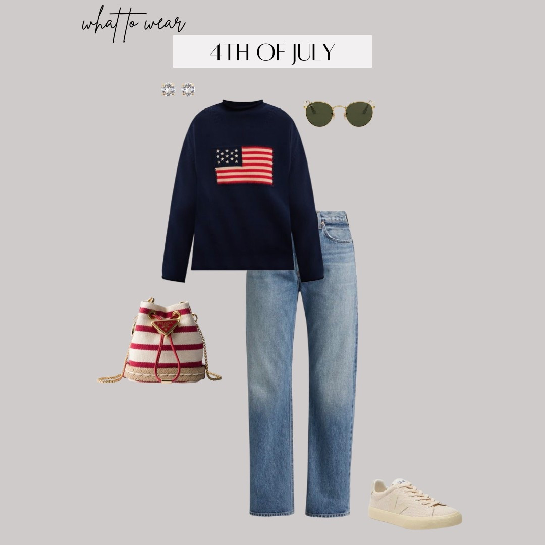 Fourth of July Outfit Idea: Whether you're soaking up the sun on a boat, grilling at a backyard BBQ, or watching fireworks this red, white, and blue look keeps you stylish and comfy all day long


Ootd style fashion, denim days, flag sweater, flag sweatshirt, Americana, Prada, designer bag, Veja sneakers 

#LTKItBag #LTKSeasonal #LTKShoeCrush