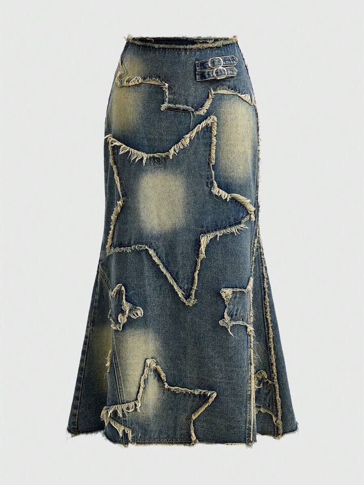 ROMWE Grunge Punk Star Pattern Raw Trim Denim Skirt | SHEIN USA | SHEIN