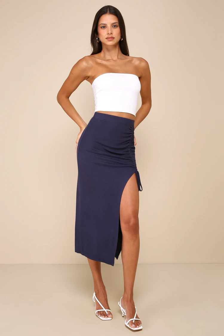 Simply Trendy Navy Blue Midi Skirt Outfit White Tube Top Summer Skirt Skirts 2024 | Lulus