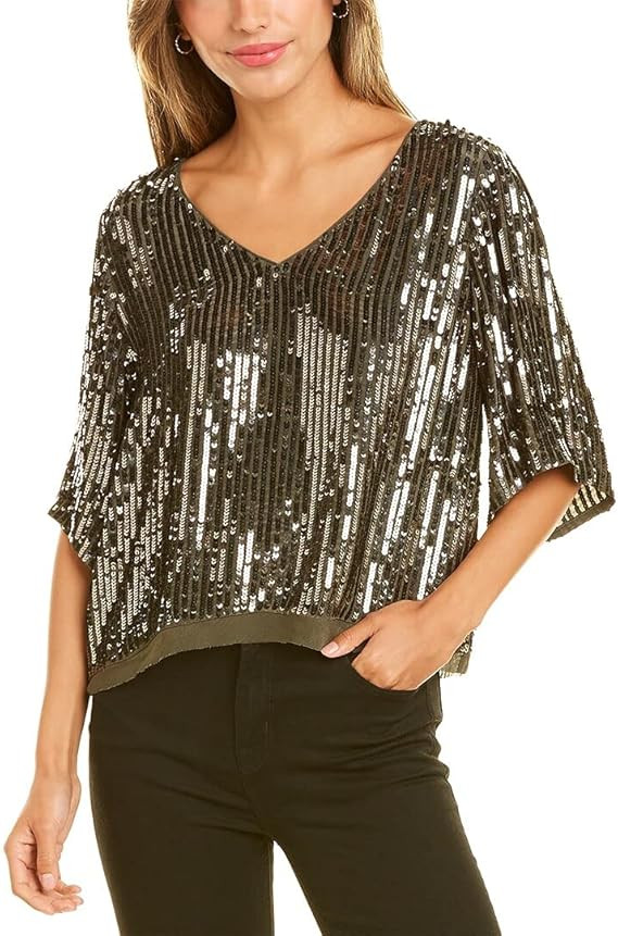 Velvet by Graham & Spencer Women's Karen Sequins V-Neck Shortsleeve Blouse | Amazon (US)