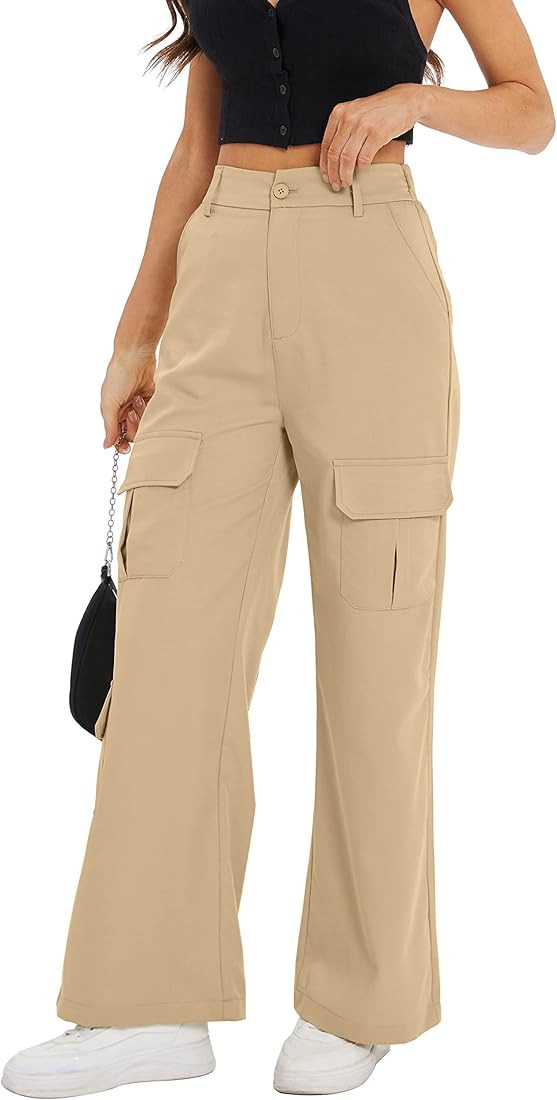 DECIVI Y2K High Waist Baggy Cargo Pants for Women Wide Leg Elastic Waist Trousers with Pockets | Amazon (US)